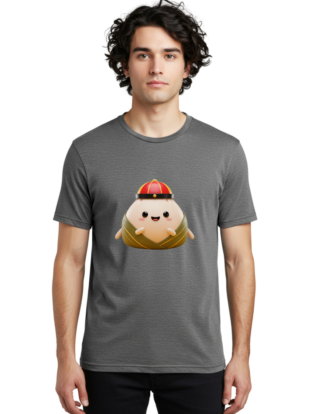 Baozi Men'S Graphic Tee, 100% Cotton, Comfortable Casual Summer Wear, Machine Washable, Cartoon Zongzi, Chinese Rice Dumpling, Traditional Food, Kawaii Character, Red Hat, Joyful Expression, Cute Illustration, Kawaii Art, Festive Food, Baa152