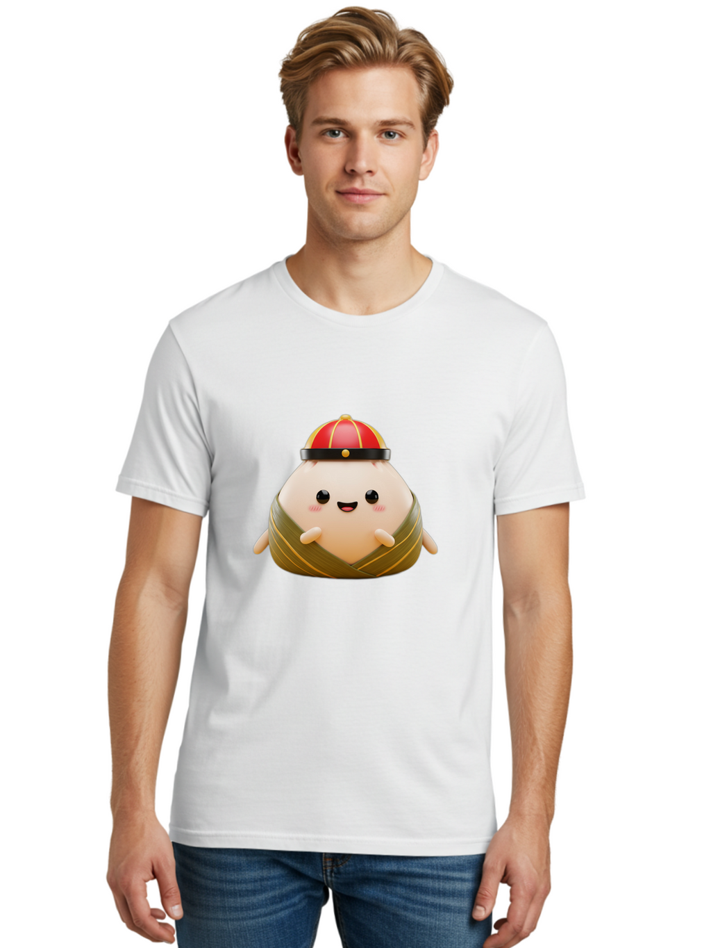 Baozi Men'S Graphic Tee, 100% Cotton, Comfortable Casual Summer Wear, Machine Washable, Cartoon Zongzi, Chinese Rice Dumpling, Traditional Food, Kawaii Character, Red Hat, Joyful Expression, Cute Illustration, Kawaii Art, Festive Food, Baa152