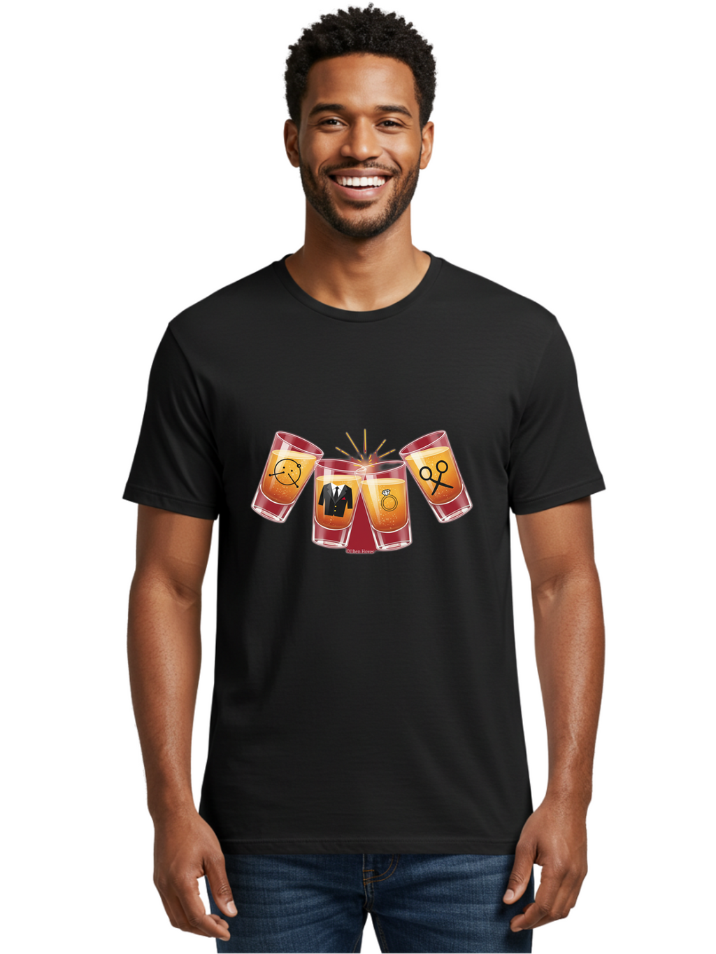 Bar-Brawl Men'S Graphic Tee, 100% Cotton, Comfortable Casual Summer Wear, Machine Washable, Shot Glasses, Orange Liquid, Symbolic Icons, Smiley Face, Tuxedo, Diamond Ring, Scissors, Party, Celebration, Festive Atmosphere Baa153