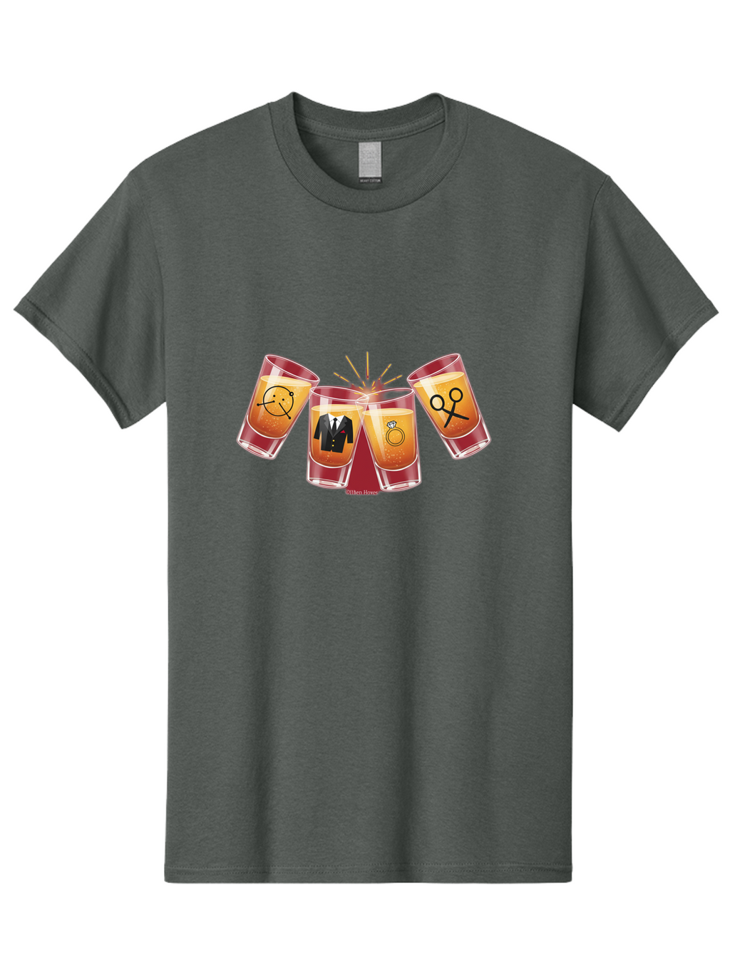 Bar-Brawl Men'S Graphic Tee, 100% Cotton, Comfortable Casual Summer Wear, Machine Washable, Shot Glasses, Orange Liquid, Symbolic Icons, Smiley Face, Tuxedo, Diamond Ring, Scissors, Party, Celebration, Festive Atmosphere Baa153