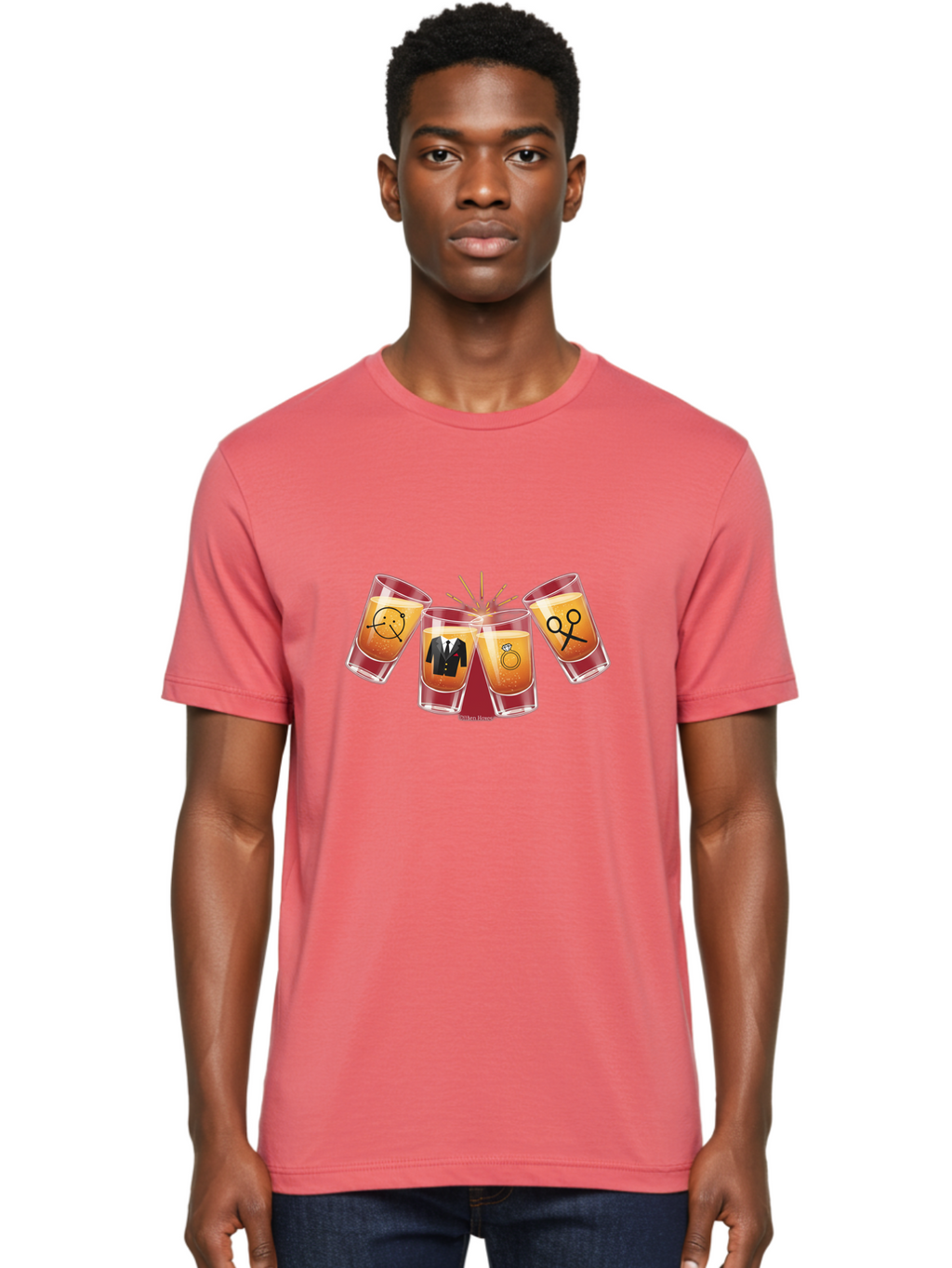 Bar-Brawl Men'S Graphic Tee, 100% Cotton, Comfortable Casual Summer Wear, Machine Washable, Shot Glasses, Orange Liquid, Symbolic Icons, Smiley Face, Tuxedo, Diamond Ring, Scissors, Party, Celebration, Festive Atmosphere Baa153