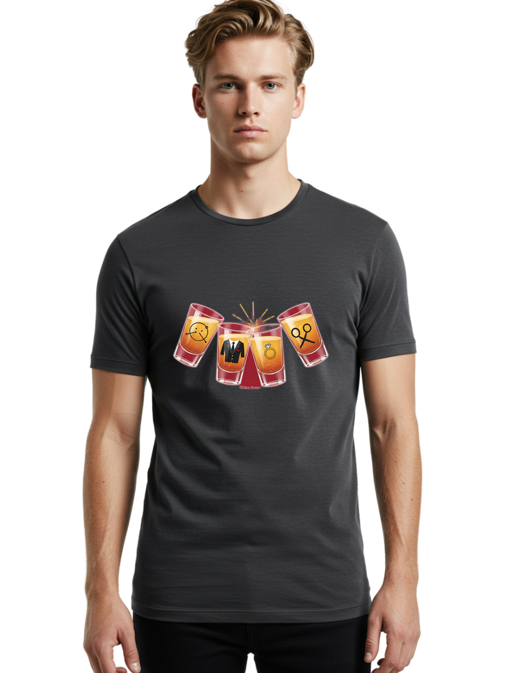 Bar-Brawl Men'S Graphic Tee, 100% Cotton, Comfortable Casual Summer Wear, Machine Washable, Shot Glasses, Orange Liquid, Symbolic Icons, Smiley Face, Tuxedo, Diamond Ring, Scissors, Party, Celebration, Festive Atmosphere Baa153