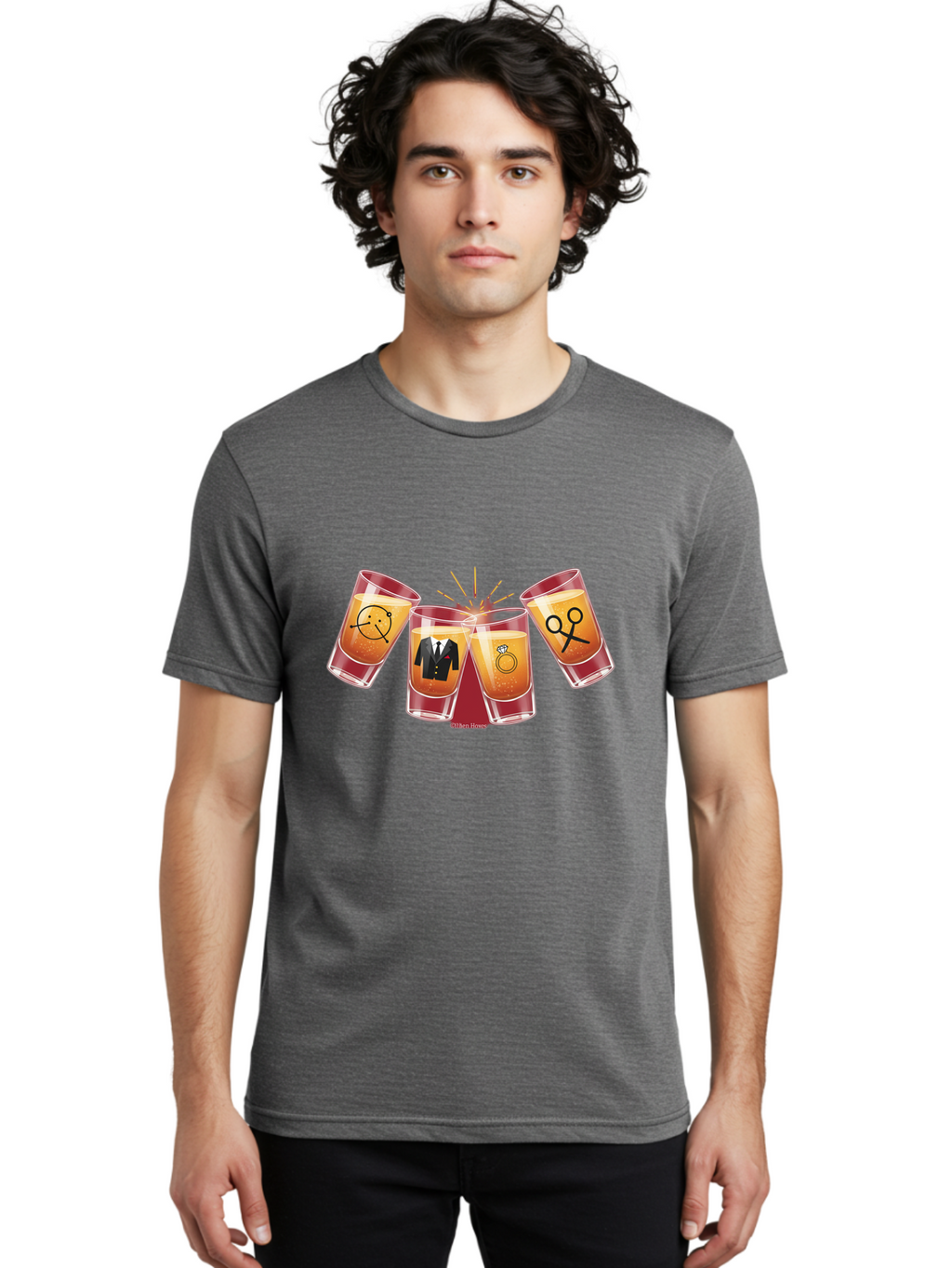 Bar-Brawl Men'S Graphic Tee, 100% Cotton, Comfortable Casual Summer Wear, Machine Washable, Shot Glasses, Orange Liquid, Symbolic Icons, Smiley Face, Tuxedo, Diamond Ring, Scissors, Party, Celebration, Festive Atmosphere Baa153