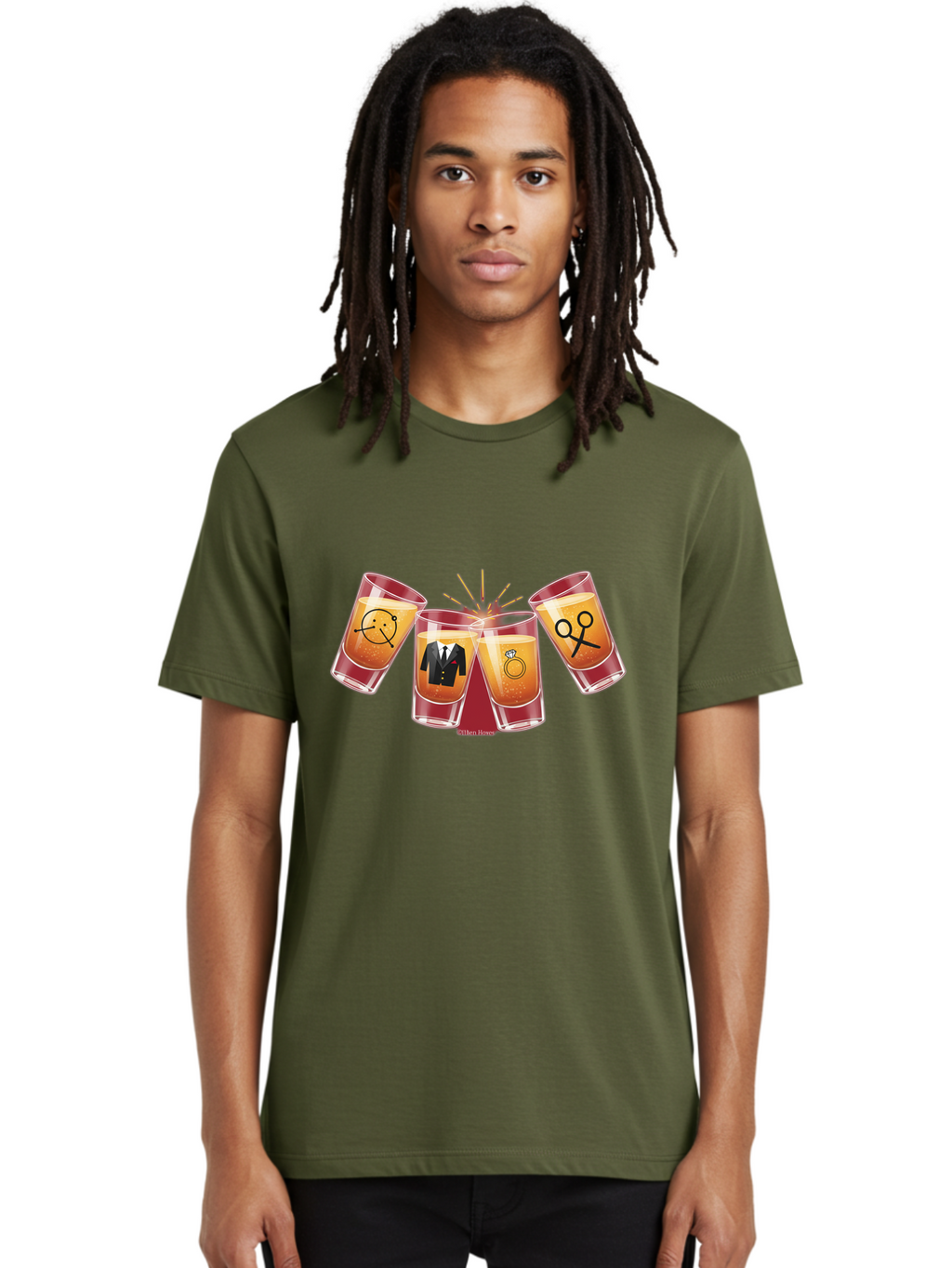 Bar-Brawl Men'S Graphic Tee, 100% Cotton, Comfortable Casual Summer Wear, Machine Washable, Shot Glasses, Orange Liquid, Symbolic Icons, Smiley Face, Tuxedo, Diamond Ring, Scissors, Party, Celebration, Festive Atmosphere Baa153