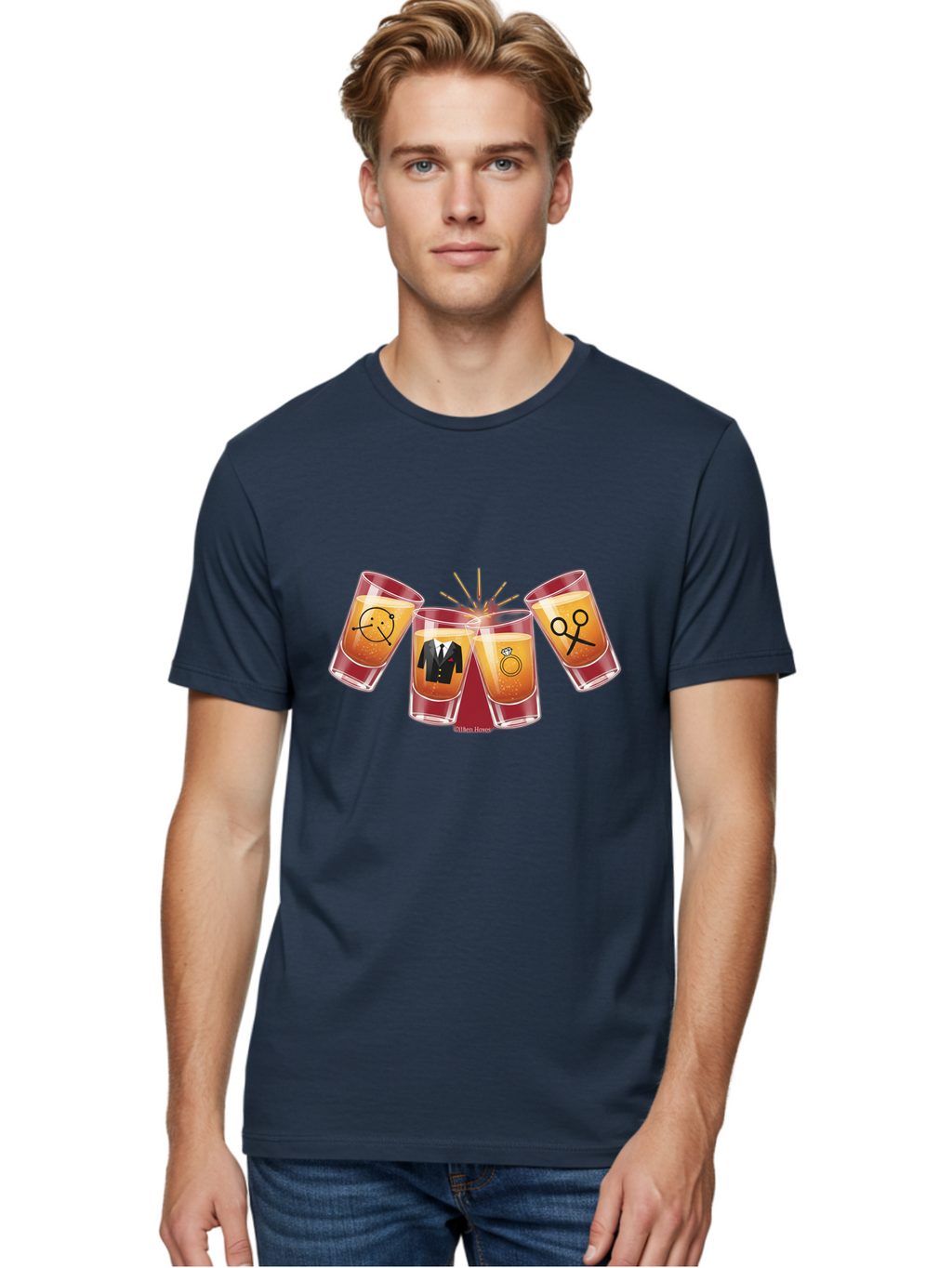 Bar-Brawl Men'S Graphic Tee, 100% Cotton, Comfortable Casual Summer Wear, Machine Washable, Shot Glasses, Orange Liquid, Symbolic Icons, Smiley Face, Tuxedo, Diamond Ring, Scissors, Party, Celebration, Festive Atmosphere Baa153