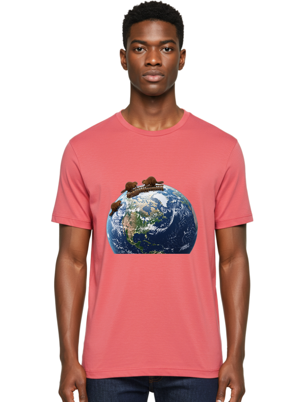 Beavers-On-Globe Men'S Graphic Tee, 100% Cotton, Comfortable Casual Summer Wear, Machine Washable, Beavers Building Dam On Top Of The Earth, Global Unity, Wildlife Conservation, Environmental Protection, Teamwork, Creative Beavers, Beaver Dam Baa157