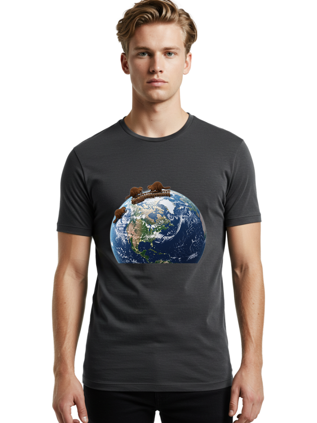 Beavers-On-Globe Men'S Graphic Tee, 100% Cotton, Comfortable Casual Summer Wear, Machine Washable, Beavers Building Dam On Top Of The Earth, Global Unity, Wildlife Conservation, Environmental Protection, Teamwork, Creative Beavers, Beaver Dam Baa157