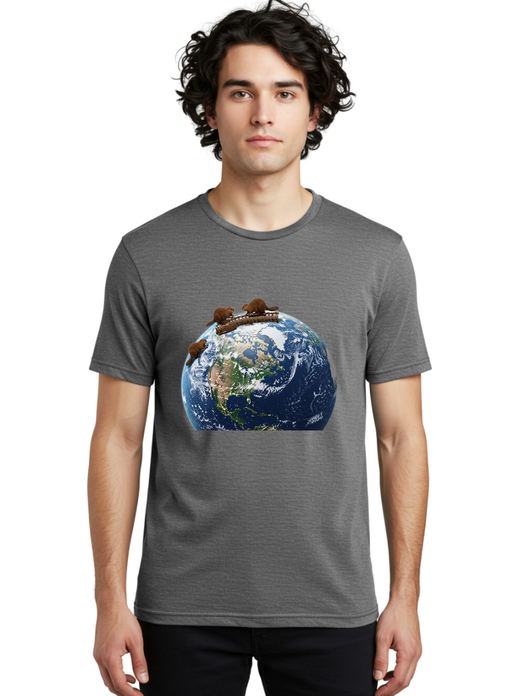 Beavers-On-Globe Men'S Graphic Tee, 100% Cotton, Comfortable Casual Summer Wear, Machine Washable, Beavers Building Dam On Top Of The Earth, Global Unity, Wildlife Conservation, Environmental Protection, Teamwork, Creative Beavers, Beaver Dam Baa157