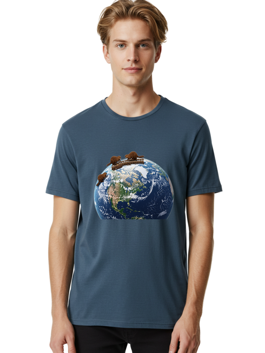 Beavers-On-Globe Men'S Graphic Tee, 100% Cotton, Comfortable Casual Summer Wear, Machine Washable, Beavers Building Dam On Top Of The Earth, Global Unity, Wildlife Conservation, Environmental Protection, Teamwork, Creative Beavers, Beaver Dam Baa157