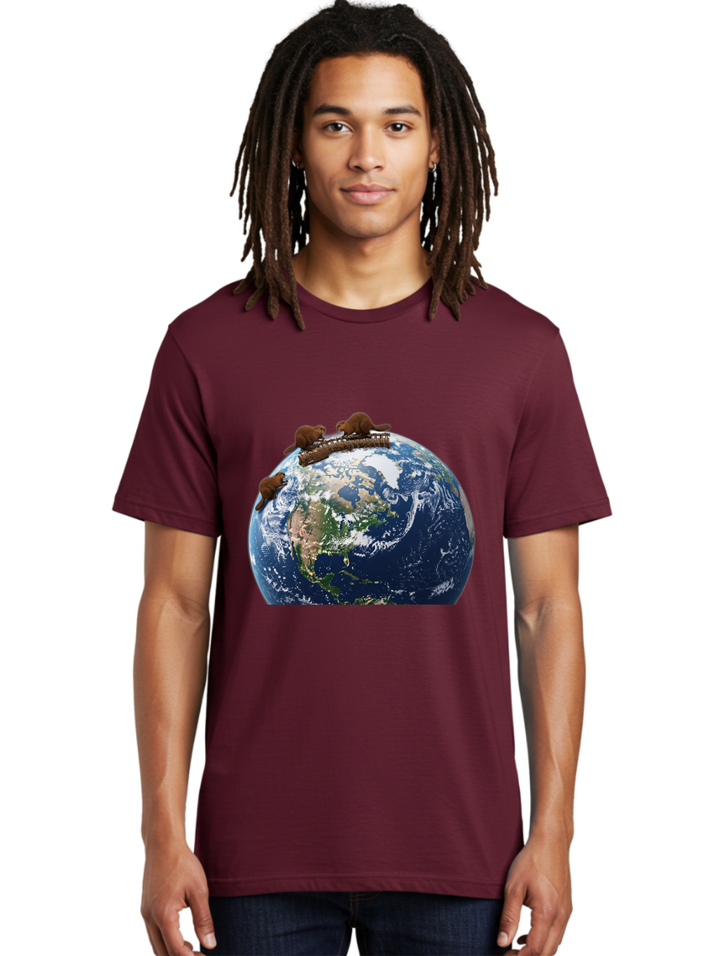 Beavers-On-Globe Men'S Graphic Tee, 100% Cotton, Comfortable Casual Summer Wear, Machine Washable, Beavers Building Dam On Top Of The Earth, Global Unity, Wildlife Conservation, Environmental Protection, Teamwork, Creative Beavers, Beaver Dam Baa157