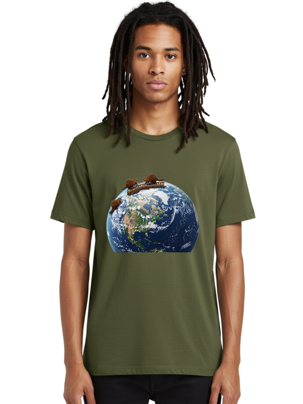 Beavers-On-Globe Men'S Graphic Tee, 100% Cotton, Comfortable Casual Summer Wear, Machine Washable, Beavers Building Dam On Top Of The Earth, Global Unity, Wildlife Conservation, Environmental Protection, Teamwork, Creative Beavers, Beaver Dam Baa157