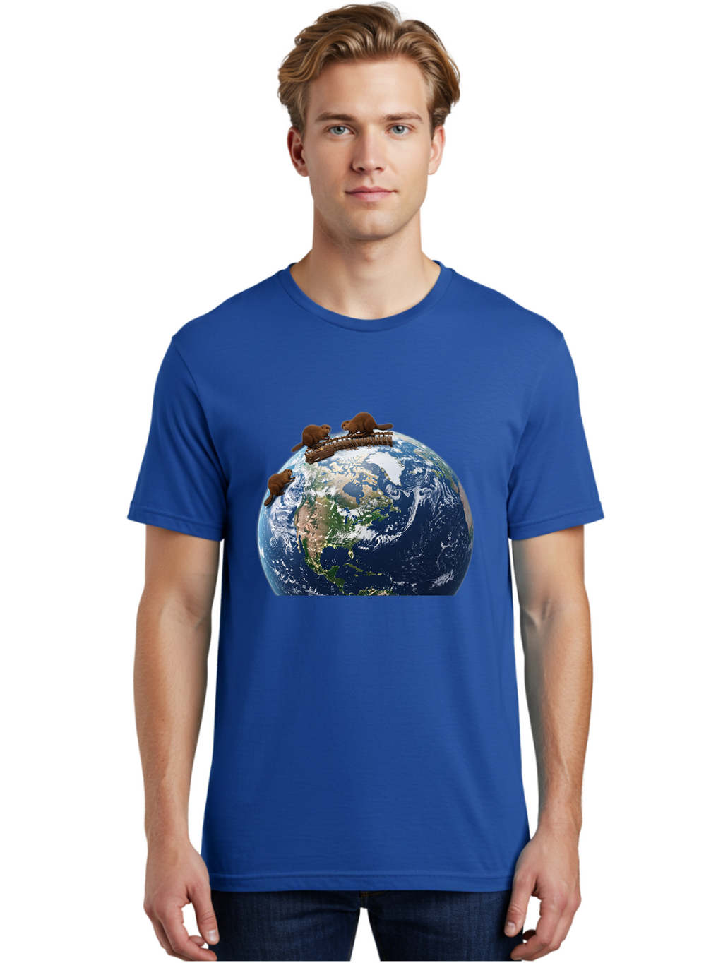 Beavers-On-Globe Men'S Graphic Tee, 100% Cotton, Comfortable Casual Summer Wear, Machine Washable, Beavers Building Dam On Top Of The Earth, Global Unity, Wildlife Conservation, Environmental Protection, Teamwork, Creative Beavers, Beaver Dam Baa157