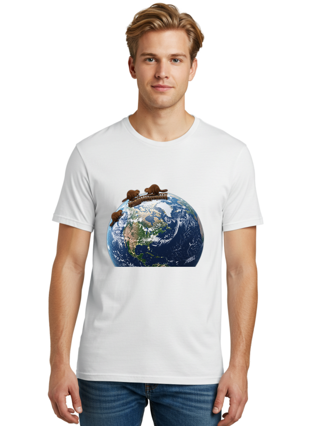 Beavers-On-Globe Men'S Graphic Tee, 100% Cotton, Comfortable Casual Summer Wear, Machine Washable, Beavers Building Dam On Top Of The Earth, Global Unity, Wildlife Conservation, Environmental Protection, Teamwork, Creative Beavers, Beaver Dam Baa157