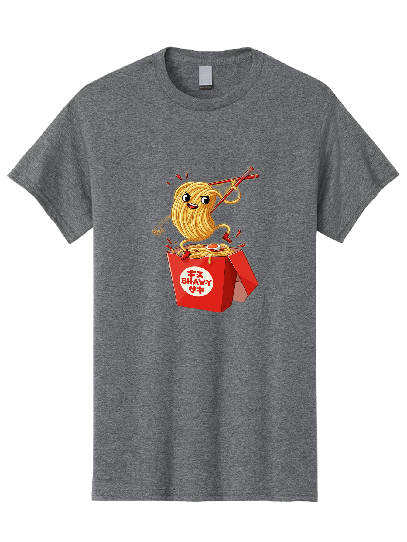 Bhawy-S-Noodle-Guy Men'S Graphic Tee, 100% Cotton, Comfortable Casual Summer Wear, Machine Washable, Cartoon Noodles, Takeout Box, Red Chopsticks, Happy Face, Animated Food, Bhawey, Japanese Characters, Noodle Takeout, Delicious Meal, Baa159