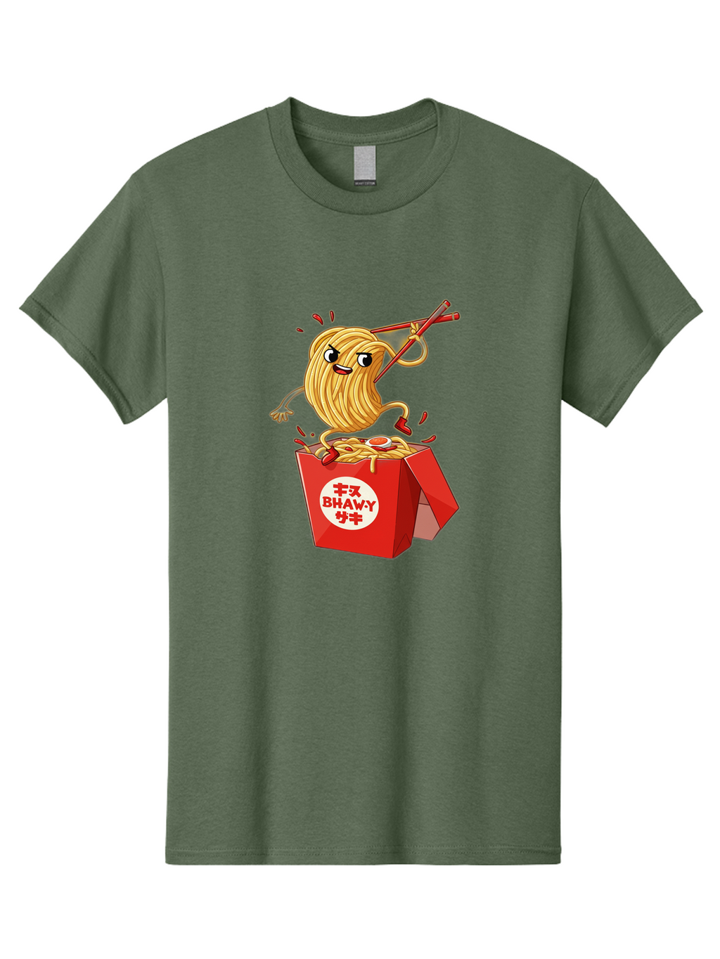 Bhawy-S-Noodle-Guy Men'S Graphic Tee, 100% Cotton, Comfortable Casual Summer Wear, Machine Washable, Cartoon Noodles, Takeout Box, Red Chopsticks, Happy Face, Animated Food, Bhawey, Japanese Characters, Noodle Takeout, Delicious Meal, Baa159