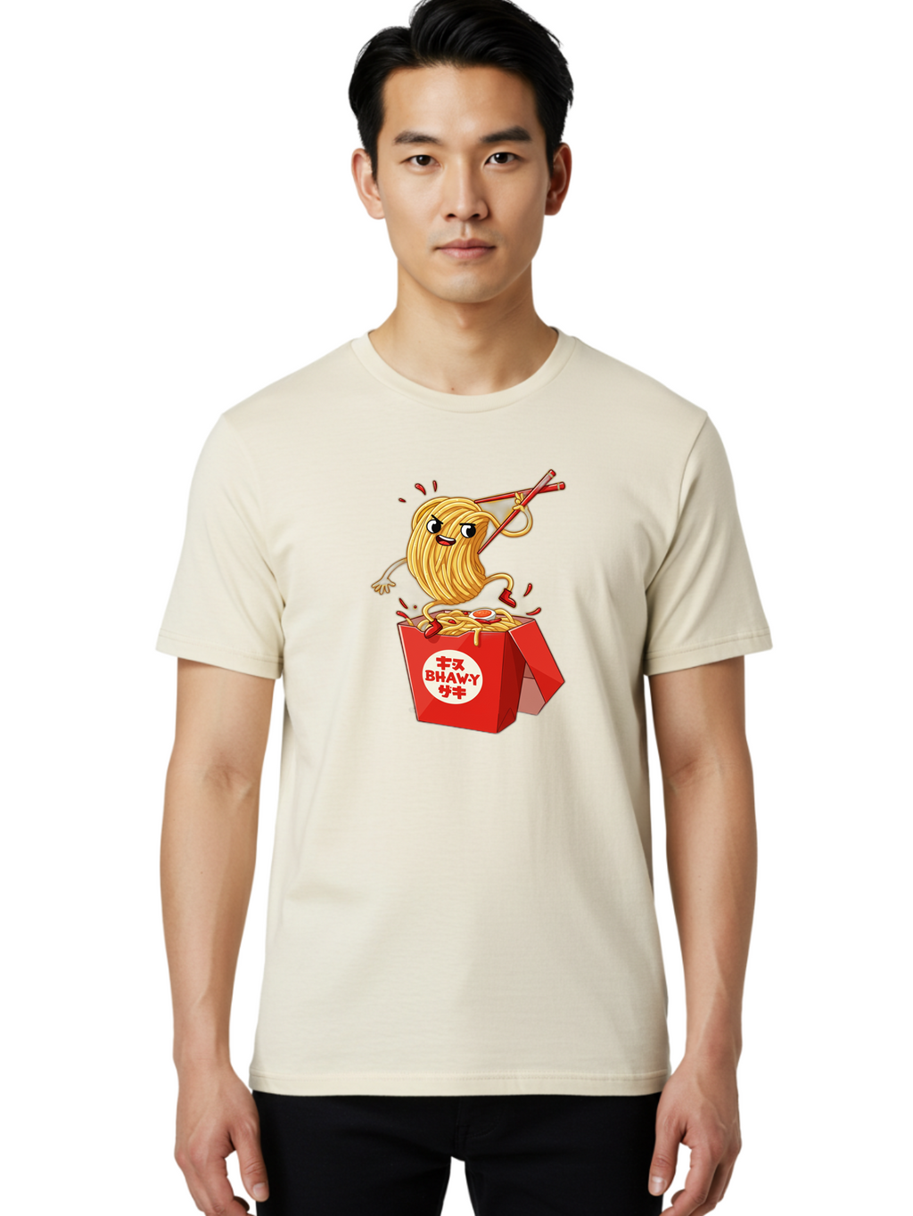 Bhawy-S-Noodle-Guy Men'S Graphic Tee, 100% Cotton, Comfortable Casual Summer Wear, Machine Washable, Cartoon Noodles, Takeout Box, Red Chopsticks, Happy Face, Animated Food, Bhawey, Japanese Characters, Noodle Takeout, Delicious Meal, Baa159