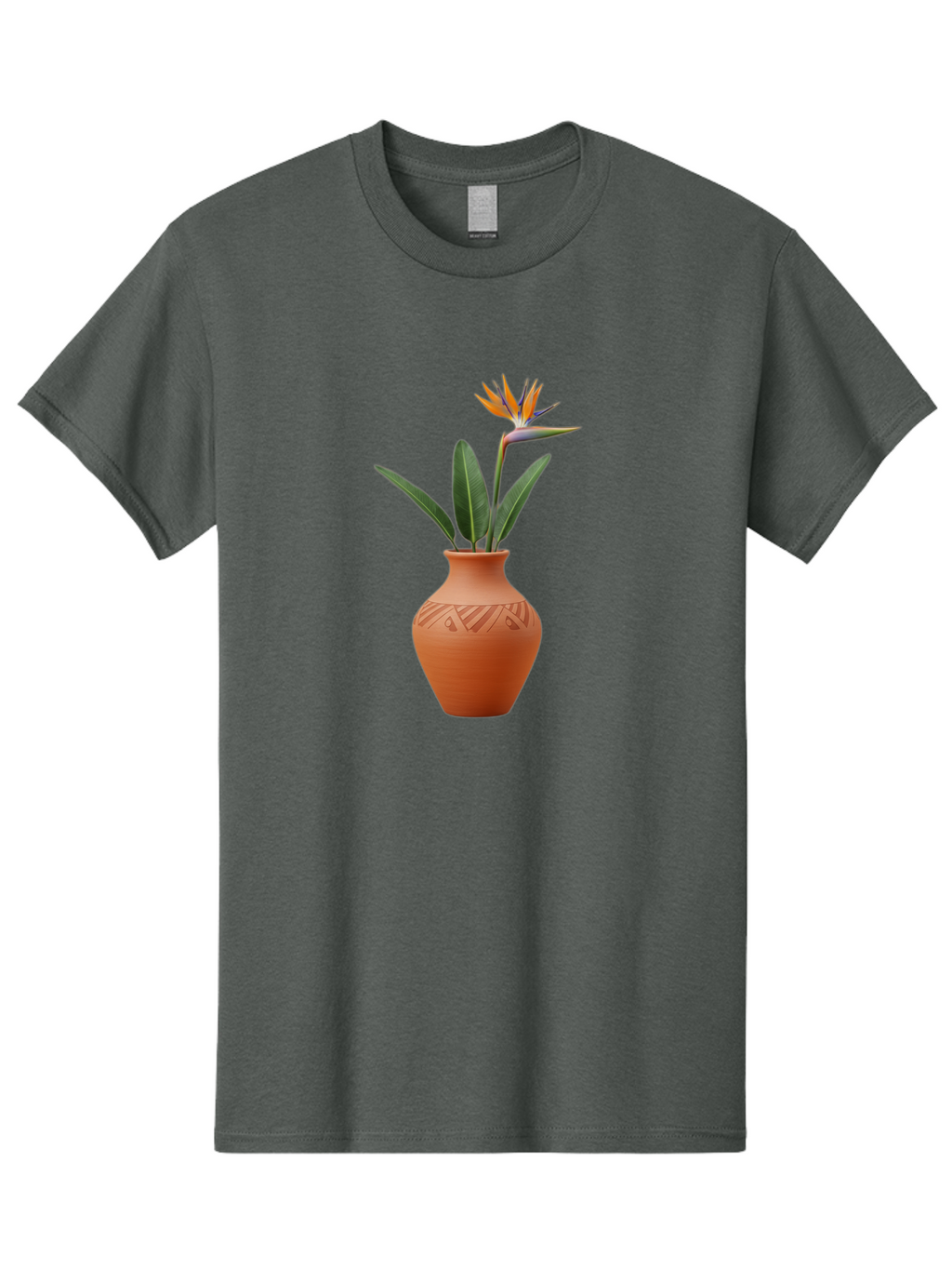 Bird-Of-Paradise Men'S Graphic Tee, 100% Cotton, Comfortable Casual Summer Wear, Machine Washable, Bird Of Paradise Flower, Orange And Green Hues, Clay Pot, Floral Arrangement, Decorative Vase, Tropical Blooms, Exotic Flower, Botanical Art Baa161