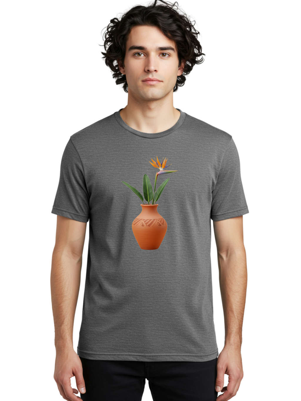 Bird-Of-Paradise Men'S Graphic Tee, 100% Cotton, Comfortable Casual Summer Wear, Machine Washable, Bird Of Paradise Flower, Orange And Green Hues, Clay Pot, Floral Arrangement, Decorative Vase, Tropical Blooms, Exotic Flower, Botanical Art Baa161