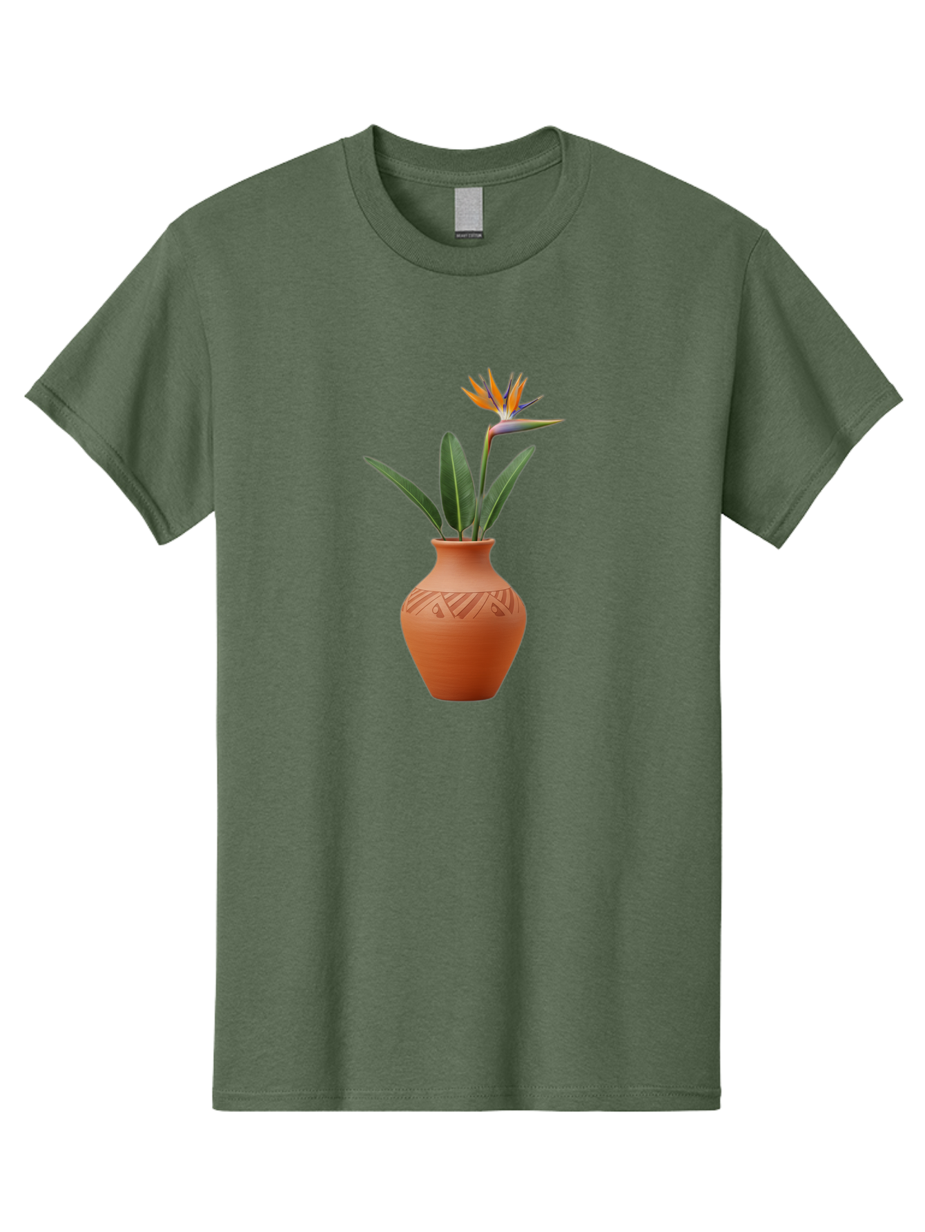Bird-Of-Paradise Men'S Graphic Tee, 100% Cotton, Comfortable Casual Summer Wear, Machine Washable, Bird Of Paradise Flower, Orange And Green Hues, Clay Pot, Floral Arrangement, Decorative Vase, Tropical Blooms, Exotic Flower, Botanical Art Baa161