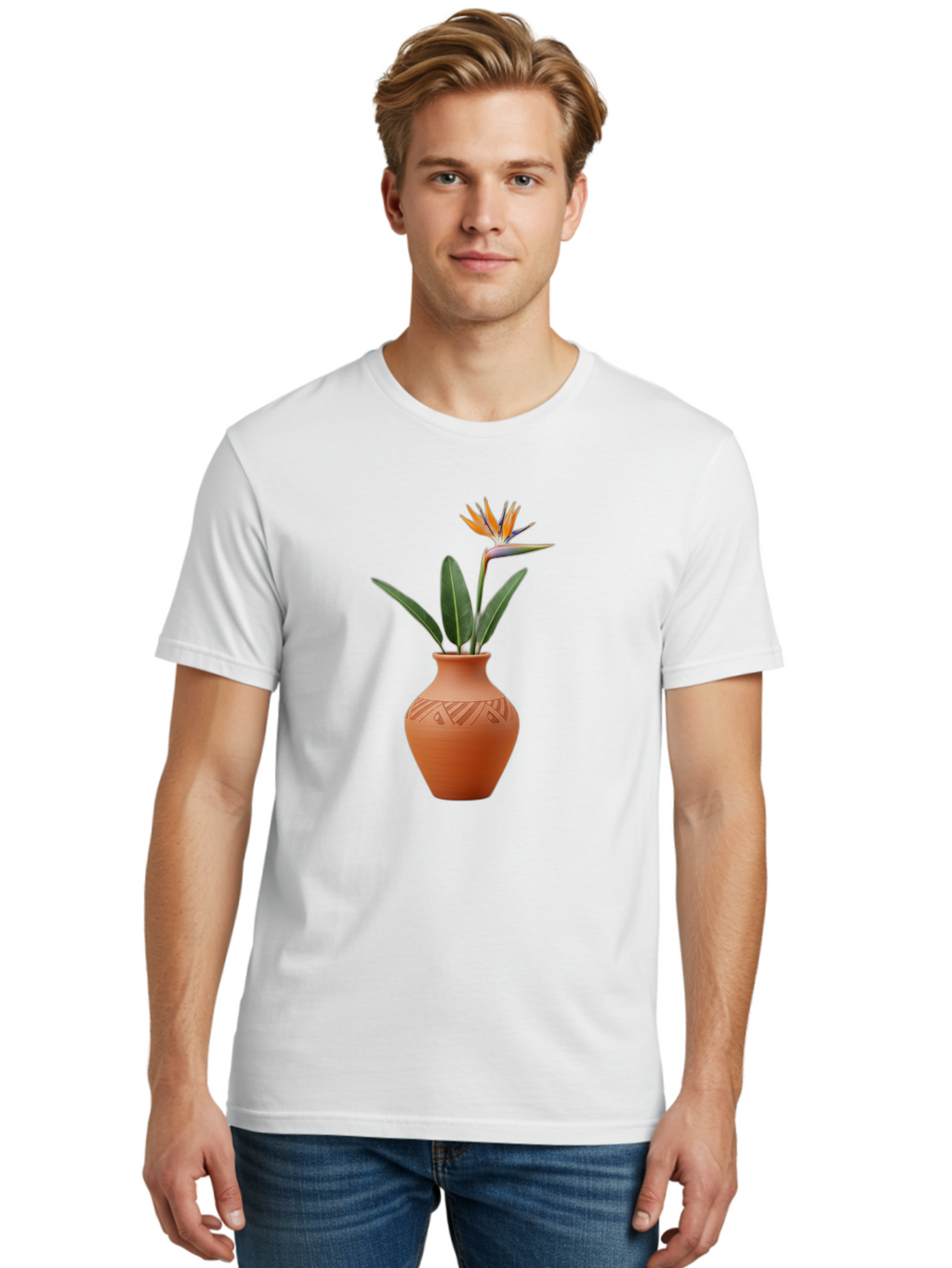 Bird-Of-Paradise Men'S Graphic Tee, 100% Cotton, Comfortable Casual Summer Wear, Machine Washable, Bird Of Paradise Flower, Orange And Green Hues, Clay Pot, Floral Arrangement, Decorative Vase, Tropical Blooms, Exotic Flower, Botanical Art Baa161