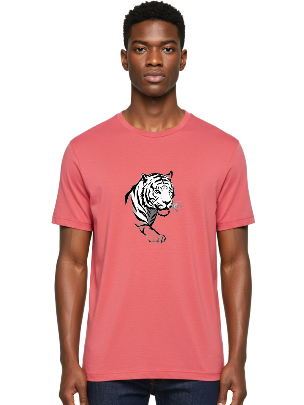 Black-And-White-Tiger Men'S Graphic Tee, 100% Cotton, Comfortable Casual Summer Wear, Machine Washable, Black And White Tiger, Tiger Head, Animal Graphics, Wildlife Art, Tiger Illustration, Bold Stripes, Fierce Expression, Cartoon Style Baa163