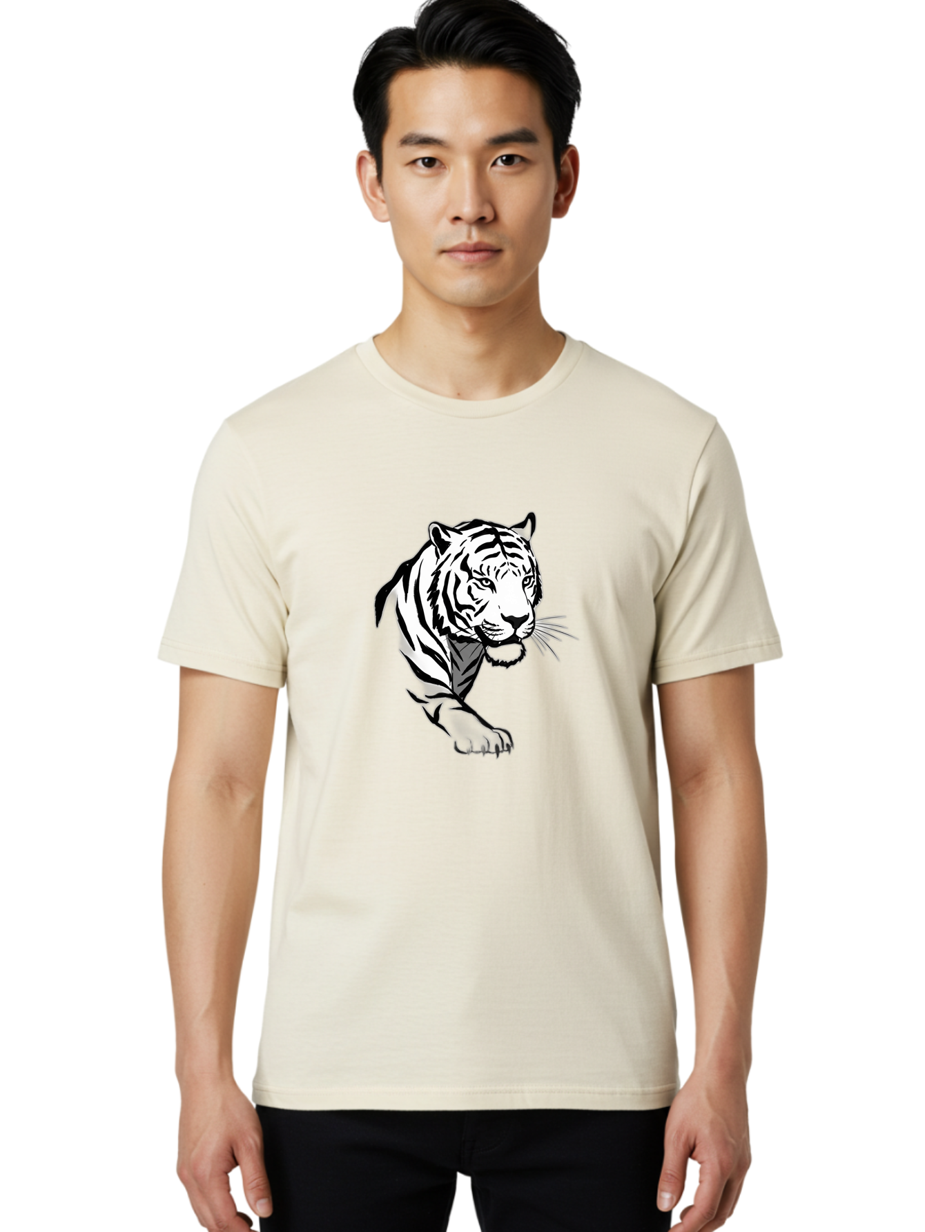 Black-And-White-Tiger Men'S Graphic Tee, 100% Cotton, Comfortable Casual Summer Wear, Machine Washable, Black And White Tiger, Tiger Head, Animal Graphics, Wildlife Art, Tiger Illustration, Bold Stripes, Fierce Expression, Cartoon Style Baa163