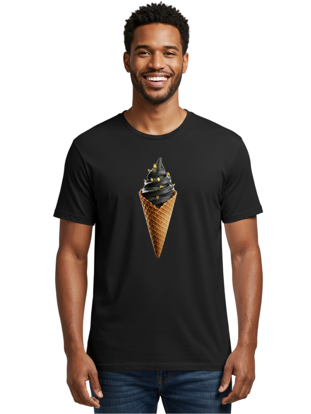 Black-Ice-Cream-Cone Men'S Graphic Tee, 100% Cotton, Comfortable Casual Summer Wear, Machine Washable, Black Ice Cream, Gold Sprinkles, Waffle Cone, Sweet Treat, Indulgent Dessert, Luxurious Ice Cream, Gold Accents, Creamy Texture Baa164