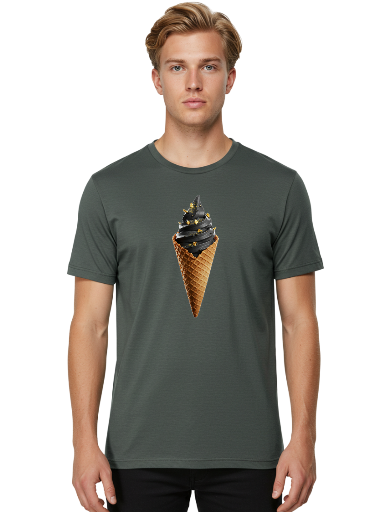 Black-Ice-Cream-Cone Men'S Graphic Tee, 100% Cotton, Comfortable Casual Summer Wear, Machine Washable, Black Ice Cream, Gold Sprinkles, Waffle Cone, Sweet Treat, Indulgent Dessert, Luxurious Ice Cream, Gold Accents, Creamy Texture Baa164