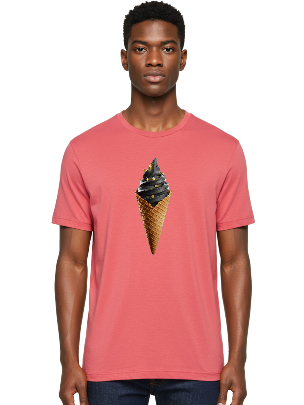 Black-Ice-Cream-Cone Men'S Graphic Tee, 100% Cotton, Comfortable Casual Summer Wear, Machine Washable, Black Ice Cream, Gold Sprinkles, Waffle Cone, Sweet Treat, Indulgent Dessert, Luxurious Ice Cream, Gold Accents, Creamy Texture Baa164