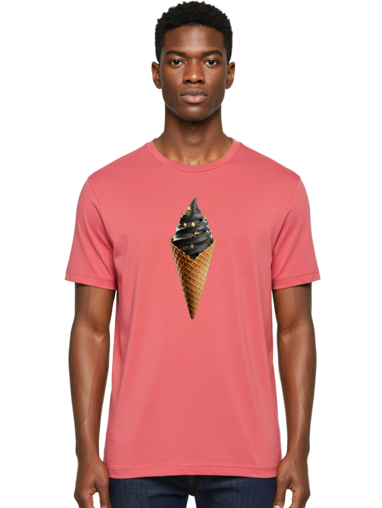 Black-Ice-Cream-Cone Men'S Graphic Tee, 100% Cotton, Comfortable Casual Summer Wear, Machine Washable, Black Ice Cream, Gold Sprinkles, Waffle Cone, Sweet Treat, Indulgent Dessert, Luxurious Ice Cream, Gold Accents, Creamy Texture Baa164