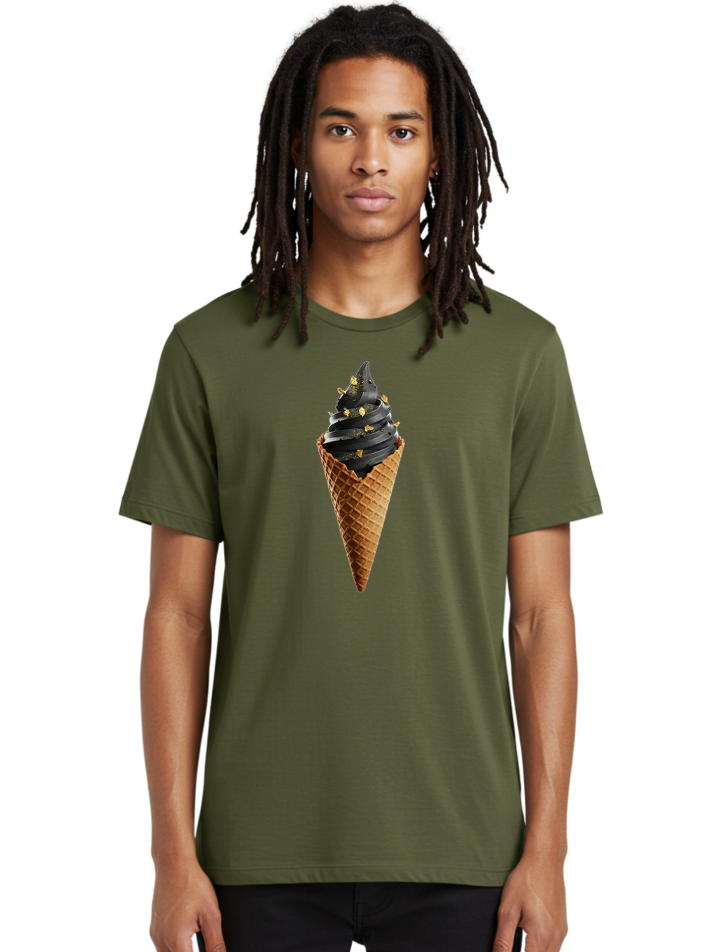 Black-Ice-Cream-Cone Men'S Graphic Tee, 100% Cotton, Comfortable Casual Summer Wear, Machine Washable, Black Ice Cream, Gold Sprinkles, Waffle Cone, Sweet Treat, Indulgent Dessert, Luxurious Ice Cream, Gold Accents, Creamy Texture Baa164