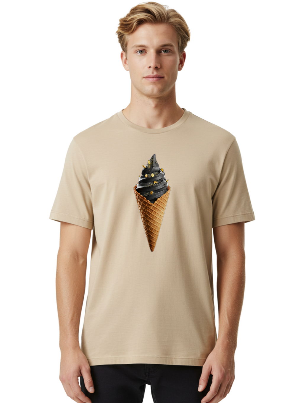 Black-Ice-Cream-Cone Men'S Graphic Tee, 100% Cotton, Comfortable Casual Summer Wear, Machine Washable, Black Ice Cream, Gold Sprinkles, Waffle Cone, Sweet Treat, Indulgent Dessert, Luxurious Ice Cream, Gold Accents, Creamy Texture Baa164