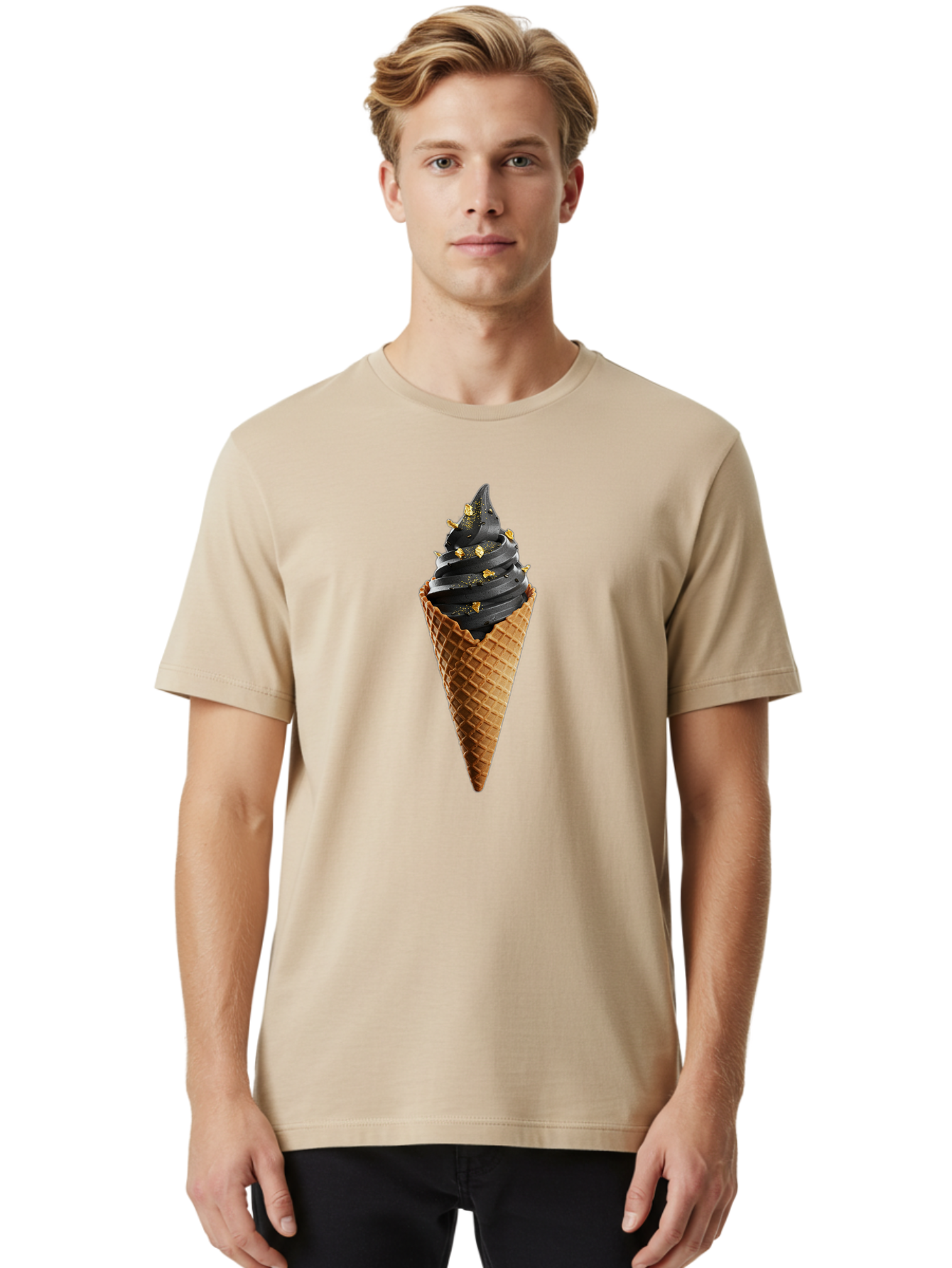 Black-Ice-Cream-Cone Men'S Graphic Tee, 100% Cotton, Comfortable Casual Summer Wear, Machine Washable, Black Ice Cream, Gold Sprinkles, Waffle Cone, Sweet Treat, Indulgent Dessert, Luxurious Ice Cream, Gold Accents, Creamy Texture Baa164