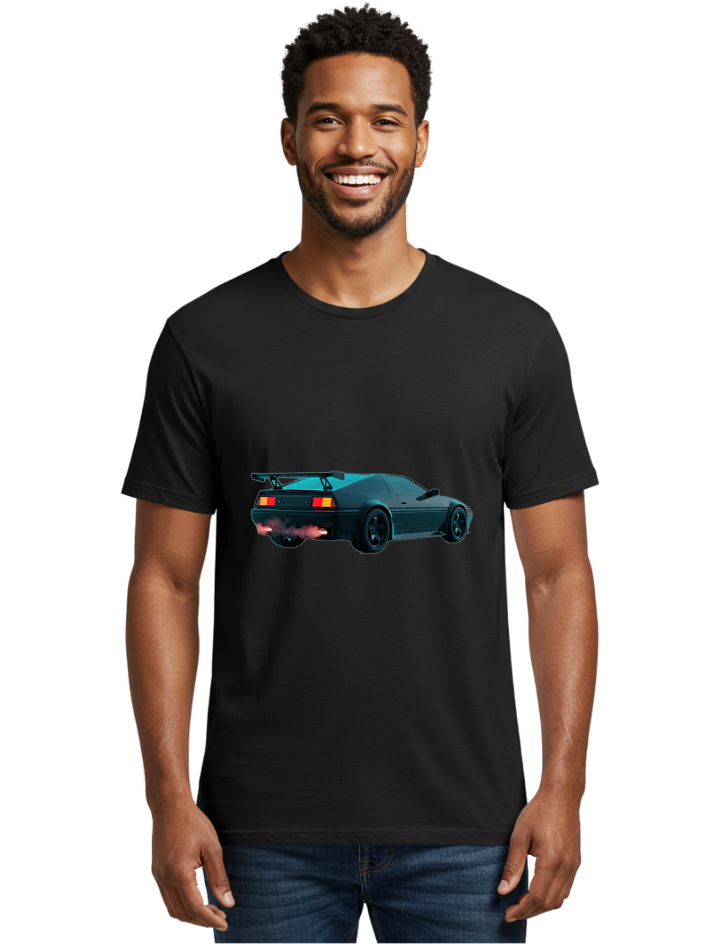 Black-Sports-Car Men'S Graphic Tee, 100% Cotton, Comfortable Casual Summer Wear, Machine Washable, Classic Sports Car, Drift Car, Rear View, Black Car, Red Brake Lights, Orange Turn Signals, Black Spoiler, Smoke From Exhaust, Baa165
