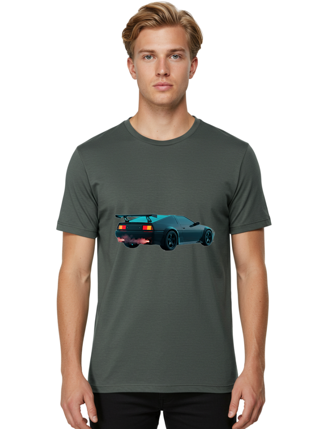 Black-Sports-Car Men'S Graphic Tee, 100% Cotton, Comfortable Casual Summer Wear, Machine Washable, Classic Sports Car, Drift Car, Rear View, Black Car, Red Brake Lights, Orange Turn Signals, Black Spoiler, Smoke From Exhaust, Baa165
