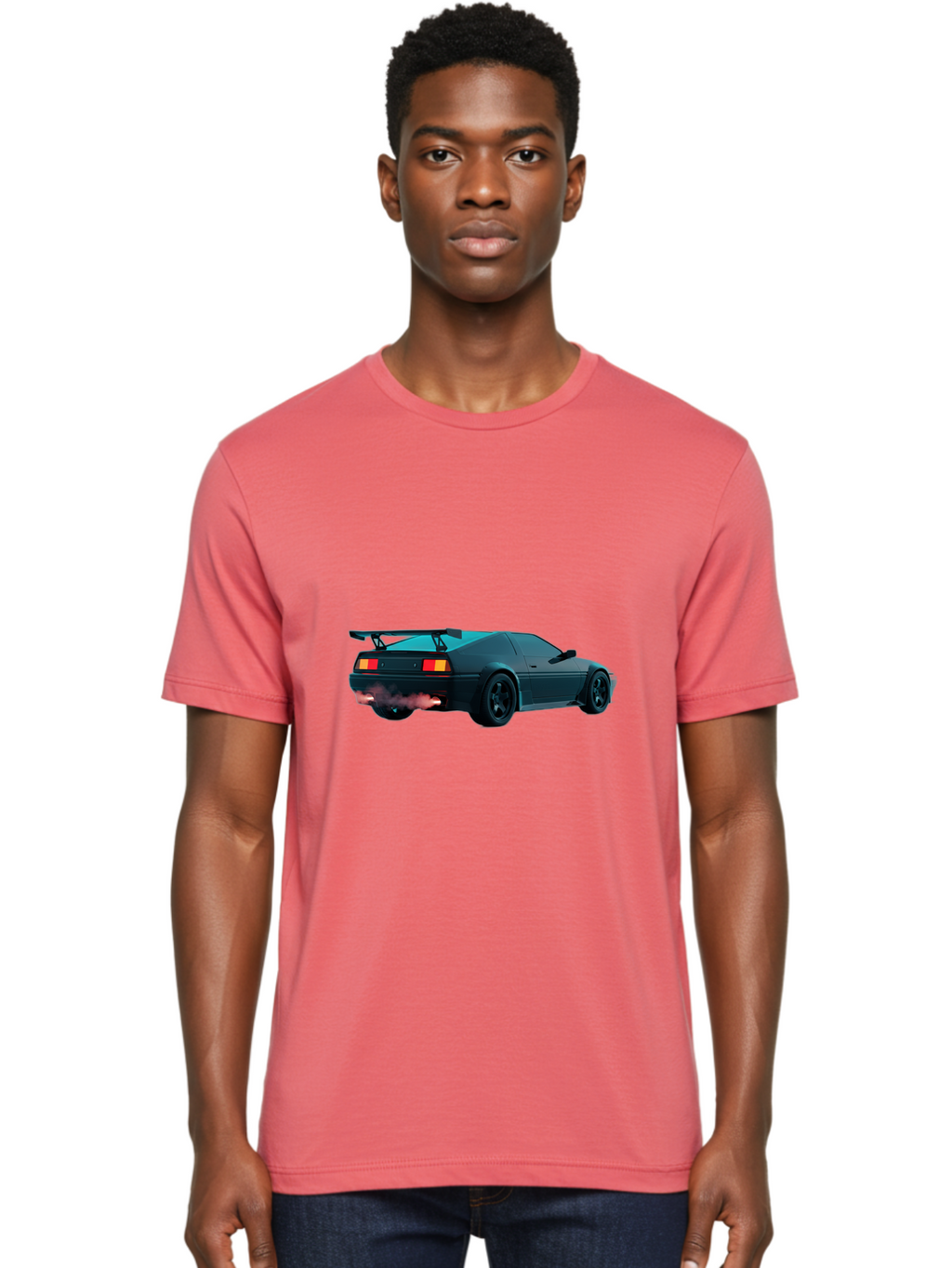 Black-Sports-Car Men'S Graphic Tee, 100% Cotton, Comfortable Casual Summer Wear, Machine Washable, Classic Sports Car, Drift Car, Rear View, Black Car, Red Brake Lights, Orange Turn Signals, Black Spoiler, Smoke From Exhaust, Baa165
