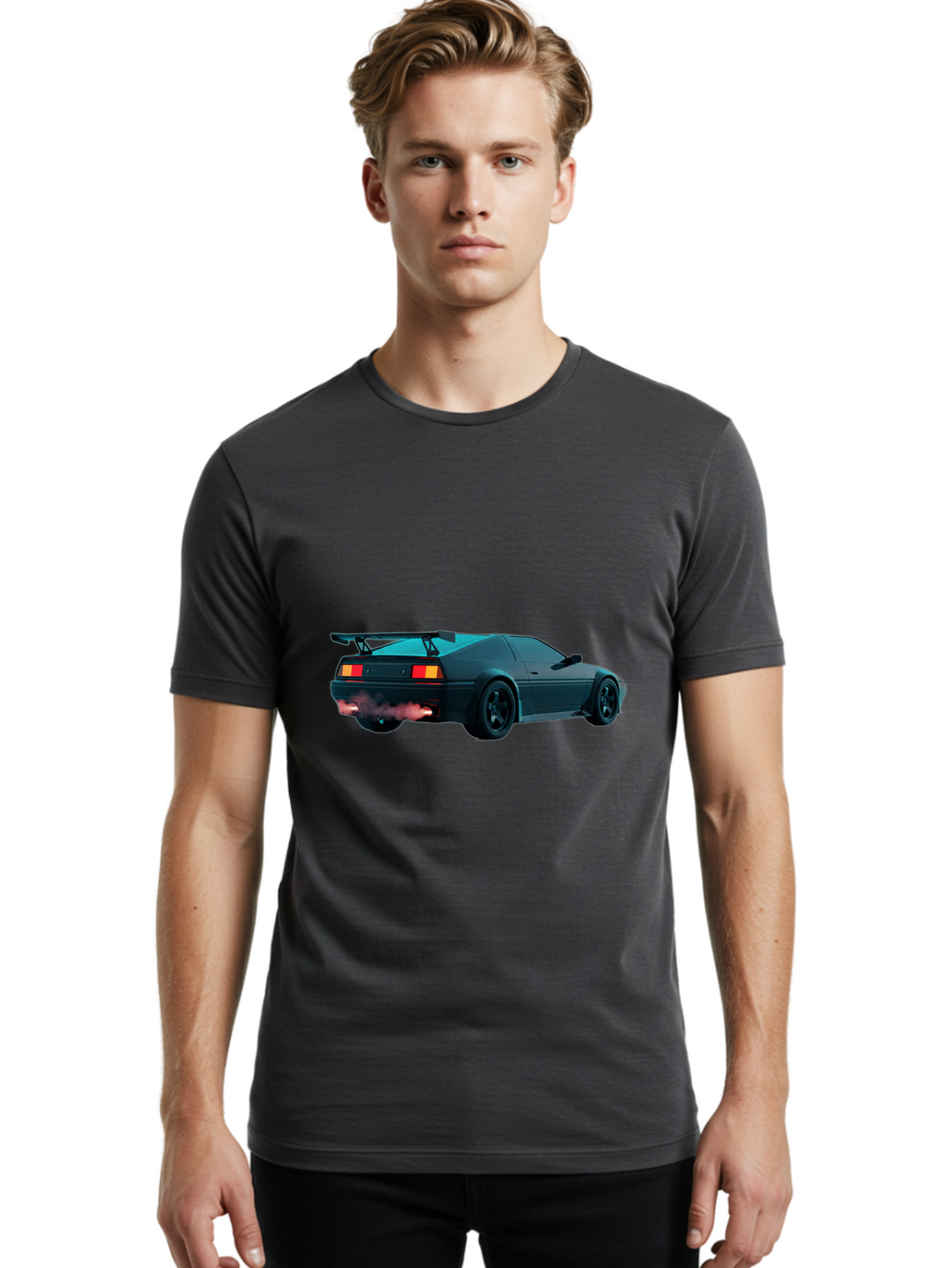 Black-Sports-Car Men'S Graphic Tee, 100% Cotton, Comfortable Casual Summer Wear, Machine Washable, Classic Sports Car, Drift Car, Rear View, Black Car, Red Brake Lights, Orange Turn Signals, Black Spoiler, Smoke From Exhaust, Baa165