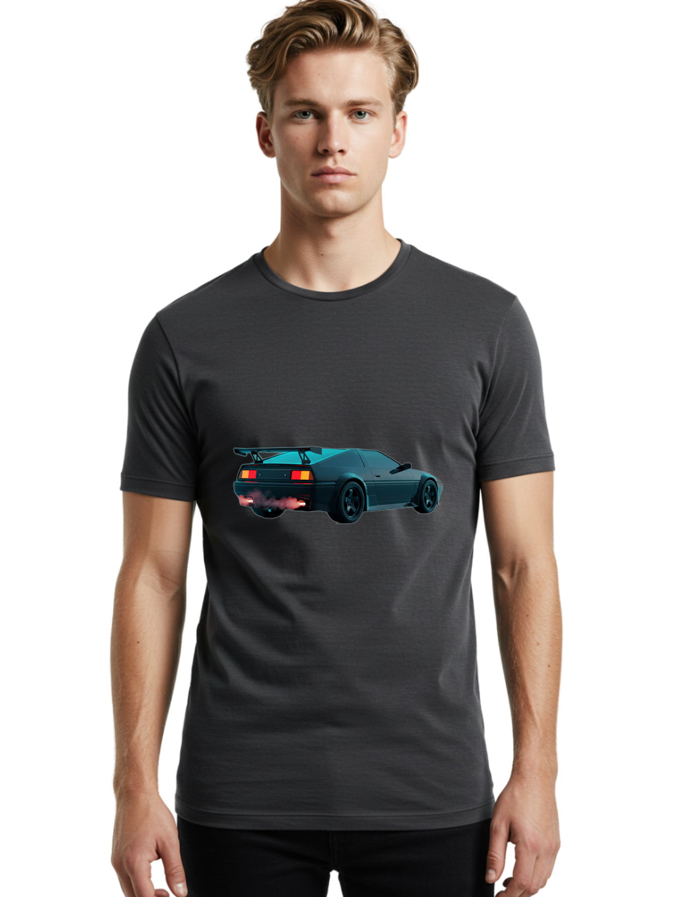 Black-Sports-Car Men'S Graphic Tee, 100% Cotton, Comfortable Casual Summer Wear, Machine Washable, Classic Sports Car, Drift Car, Rear View, Black Car, Red Brake Lights, Orange Turn Signals, Black Spoiler, Smoke From Exhaust, Baa165