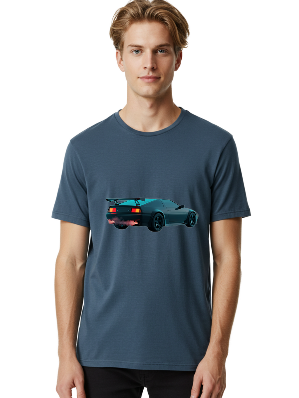 Black-Sports-Car Men'S Graphic Tee, 100% Cotton, Comfortable Casual Summer Wear, Machine Washable, Classic Sports Car, Drift Car, Rear View, Black Car, Red Brake Lights, Orange Turn Signals, Black Spoiler, Smoke From Exhaust, Baa165