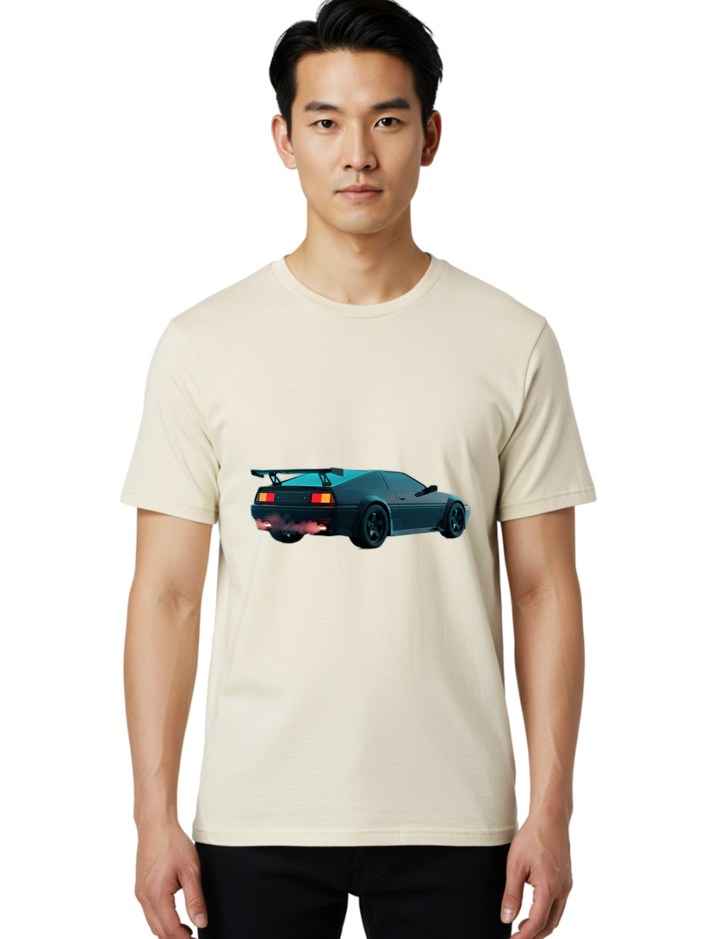 Black-Sports-Car Men'S Graphic Tee, 100% Cotton, Comfortable Casual Summer Wear, Machine Washable, Classic Sports Car, Drift Car, Rear View, Black Car, Red Brake Lights, Orange Turn Signals, Black Spoiler, Smoke From Exhaust, Baa165