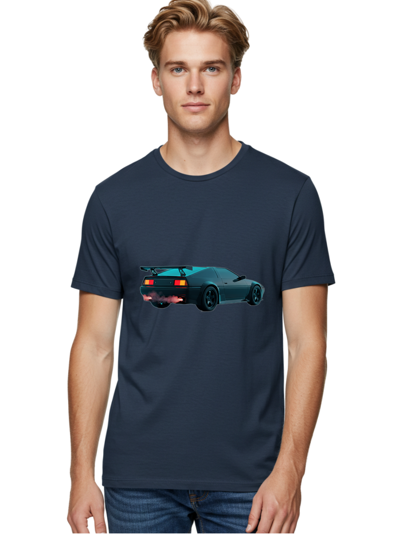 Black-Sports-Car Men'S Graphic Tee, 100% Cotton, Comfortable Casual Summer Wear, Machine Washable, Classic Sports Car, Drift Car, Rear View, Black Car, Red Brake Lights, Orange Turn Signals, Black Spoiler, Smoke From Exhaust, Baa165