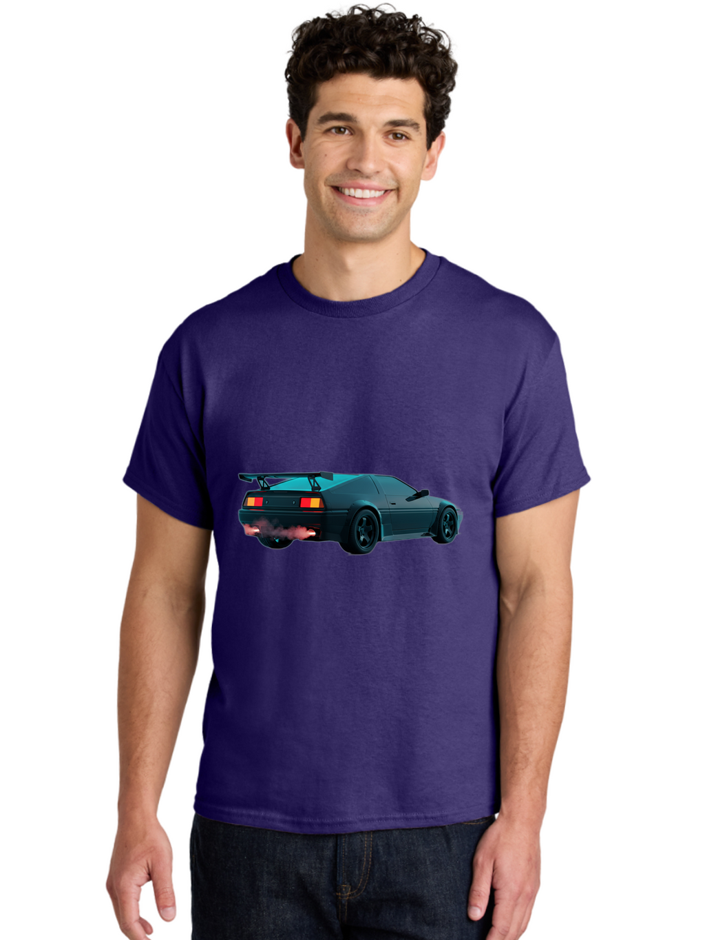 Black-Sports-Car Men'S Graphic Tee, 100% Cotton, Comfortable Casual Summer Wear, Machine Washable, Classic Sports Car, Drift Car, Rear View, Black Car, Red Brake Lights, Orange Turn Signals, Black Spoiler, Smoke From Exhaust, Baa165