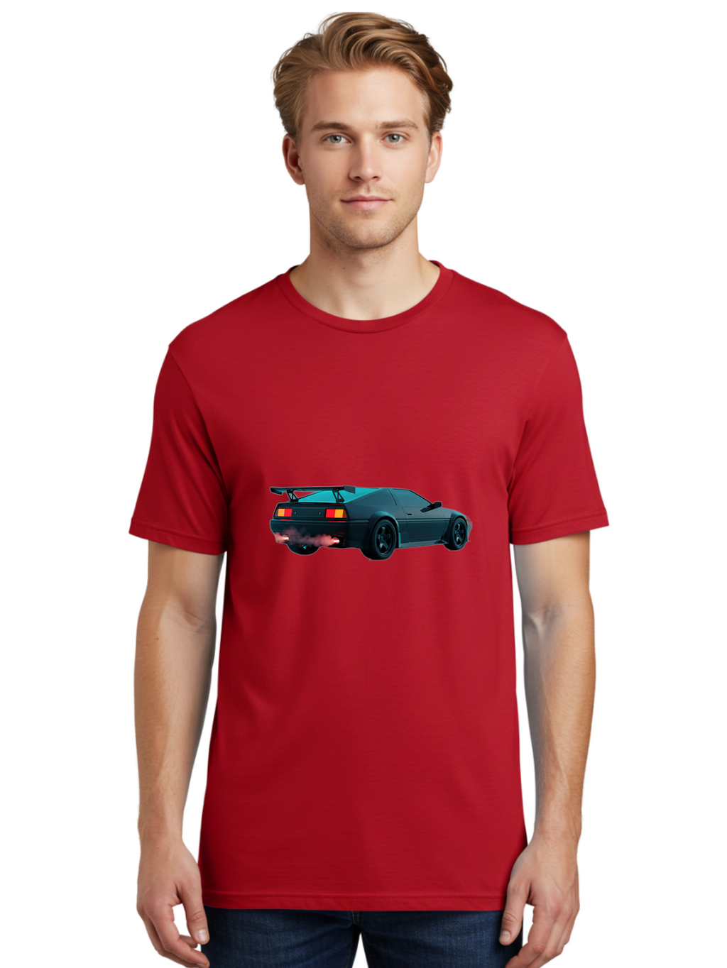 Black-Sports-Car Men'S Graphic Tee, 100% Cotton, Comfortable Casual Summer Wear, Machine Washable, Classic Sports Car, Drift Car, Rear View, Black Car, Red Brake Lights, Orange Turn Signals, Black Spoiler, Smoke From Exhaust, Baa165