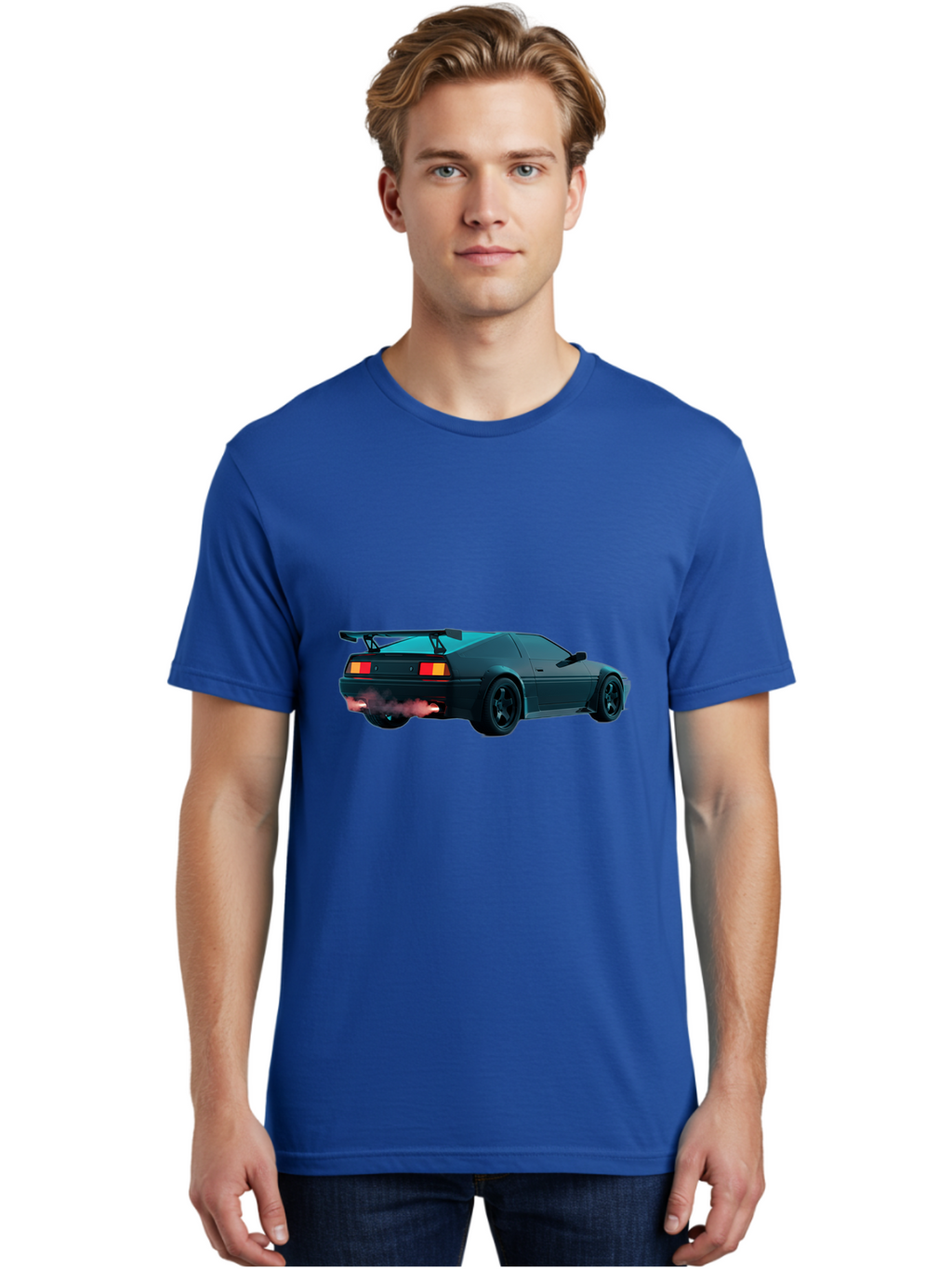 Black-Sports-Car Men'S Graphic Tee, 100% Cotton, Comfortable Casual Summer Wear, Machine Washable, Classic Sports Car, Drift Car, Rear View, Black Car, Red Brake Lights, Orange Turn Signals, Black Spoiler, Smoke From Exhaust, Baa165