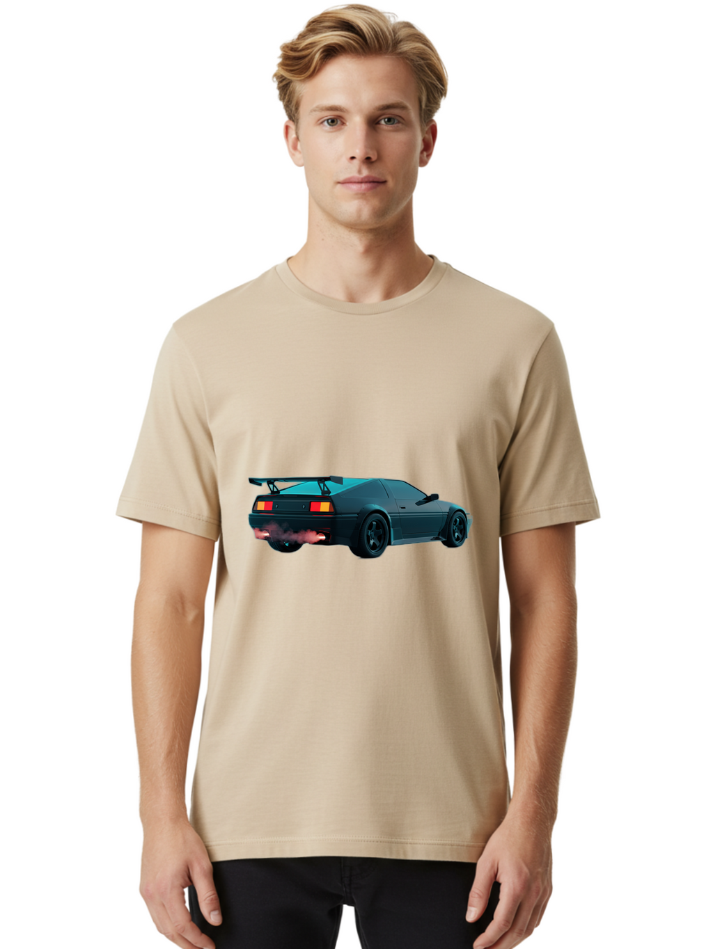 Black-Sports-Car Men'S Graphic Tee, 100% Cotton, Comfortable Casual Summer Wear, Machine Washable, Classic Sports Car, Drift Car, Rear View, Black Car, Red Brake Lights, Orange Turn Signals, Black Spoiler, Smoke From Exhaust, Baa165