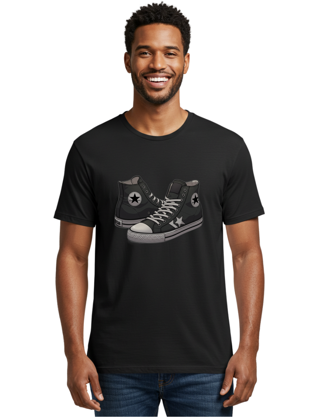 Black-Star-Converse Men'S Graphic Tee, 100% Cotton, Comfortable Casual Summer Wear, Machine Washable, Black Converse Sneakers, High-Top Shoes, Star Logo, White Laces, Rubber Soles, Casual Footwear, Streetwear Fashion, Comfortable Shoes Baa166