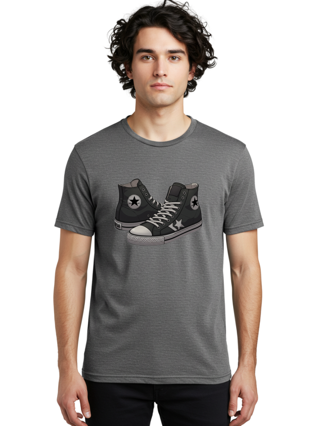 Black-Star-Converse Men'S Graphic Tee, 100% Cotton, Comfortable Casual Summer Wear, Machine Washable, Black Converse Sneakers, High-Top Shoes, Star Logo, White Laces, Rubber Soles, Casual Footwear, Streetwear Fashion, Comfortable Shoes Baa166