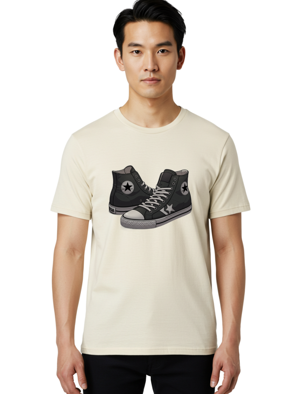 Black-Star-Converse Men'S Graphic Tee, 100% Cotton, Comfortable Casual Summer Wear, Machine Washable, Black Converse Sneakers, High-Top Shoes, Star Logo, White Laces, Rubber Soles, Casual Footwear, Streetwear Fashion, Comfortable Shoes Baa166