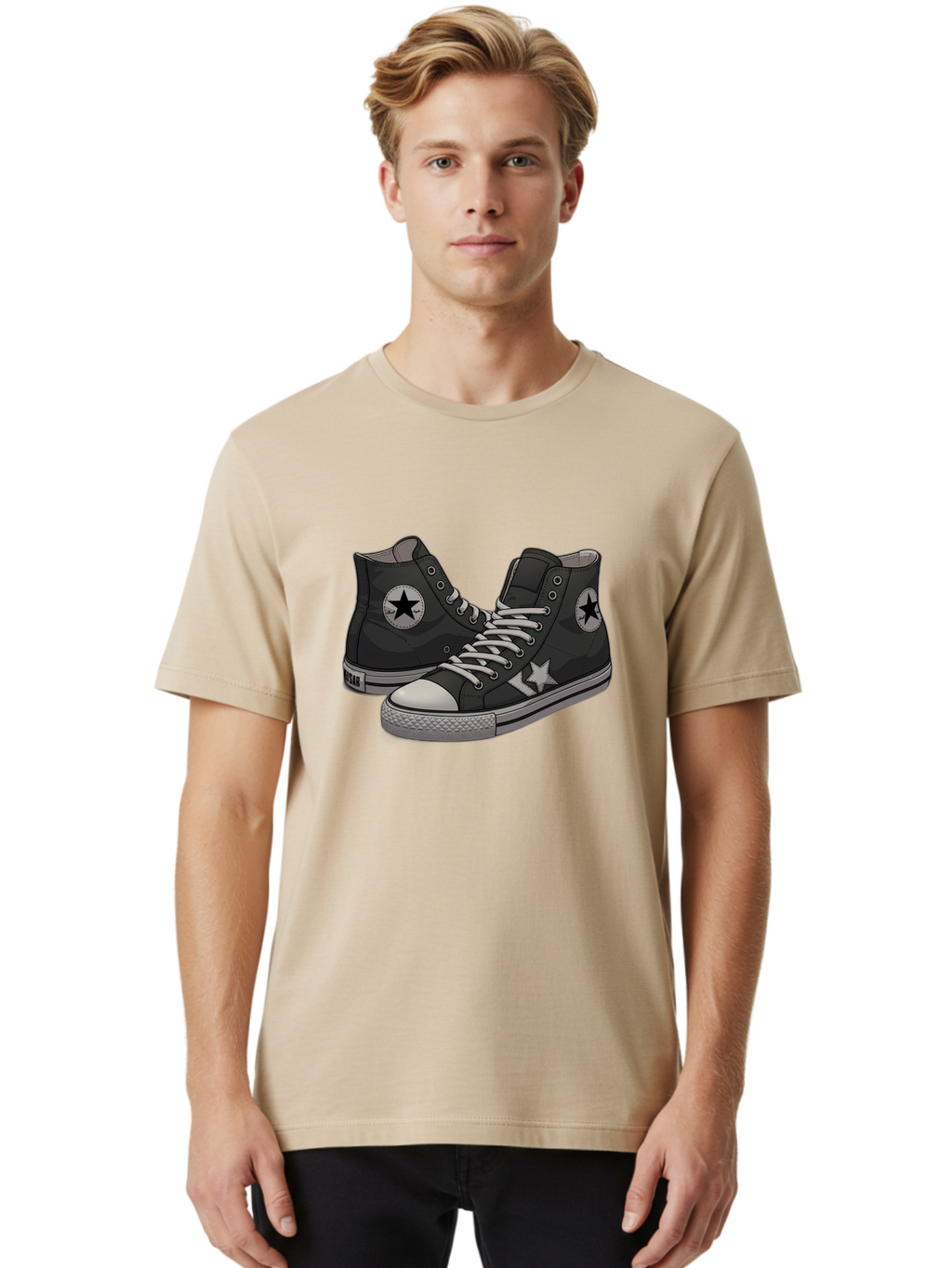 Black-Star-Converse Men'S Graphic Tee, 100% Cotton, Comfortable Casual Summer Wear, Machine Washable, Black Converse Sneakers, High-Top Shoes, Star Logo, White Laces, Rubber Soles, Casual Footwear, Streetwear Fashion, Comfortable Shoes Baa166