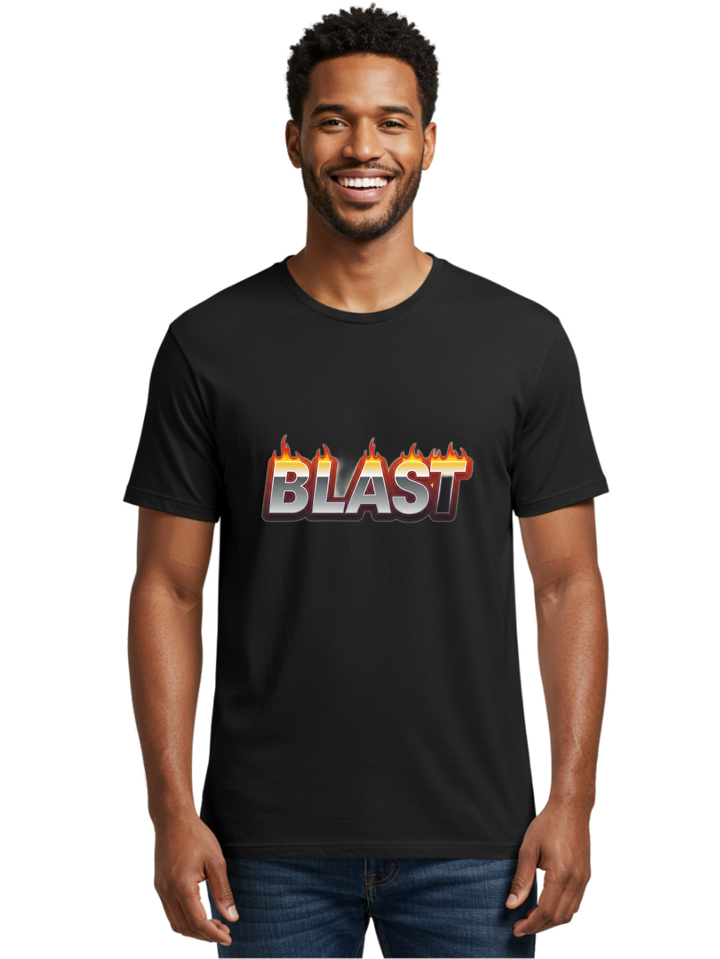 Blast Men'S Graphic Tee, 100% Cotton, Comfortable Casual Summer Wear, Machine Washable, Blast Text, Fire Flames, Bold Font, Silver Metallic, Red And Orange Hues, Intense Energy, Fiery Effect, Dramatic Typography, Explosive Design, Baa167